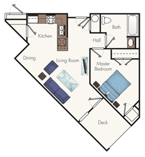 Floor plan for 1 bed, 1 bath, 610 sqft